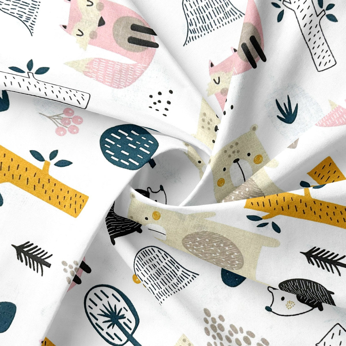Cotton Fabric - Forest animals pink-orange on white