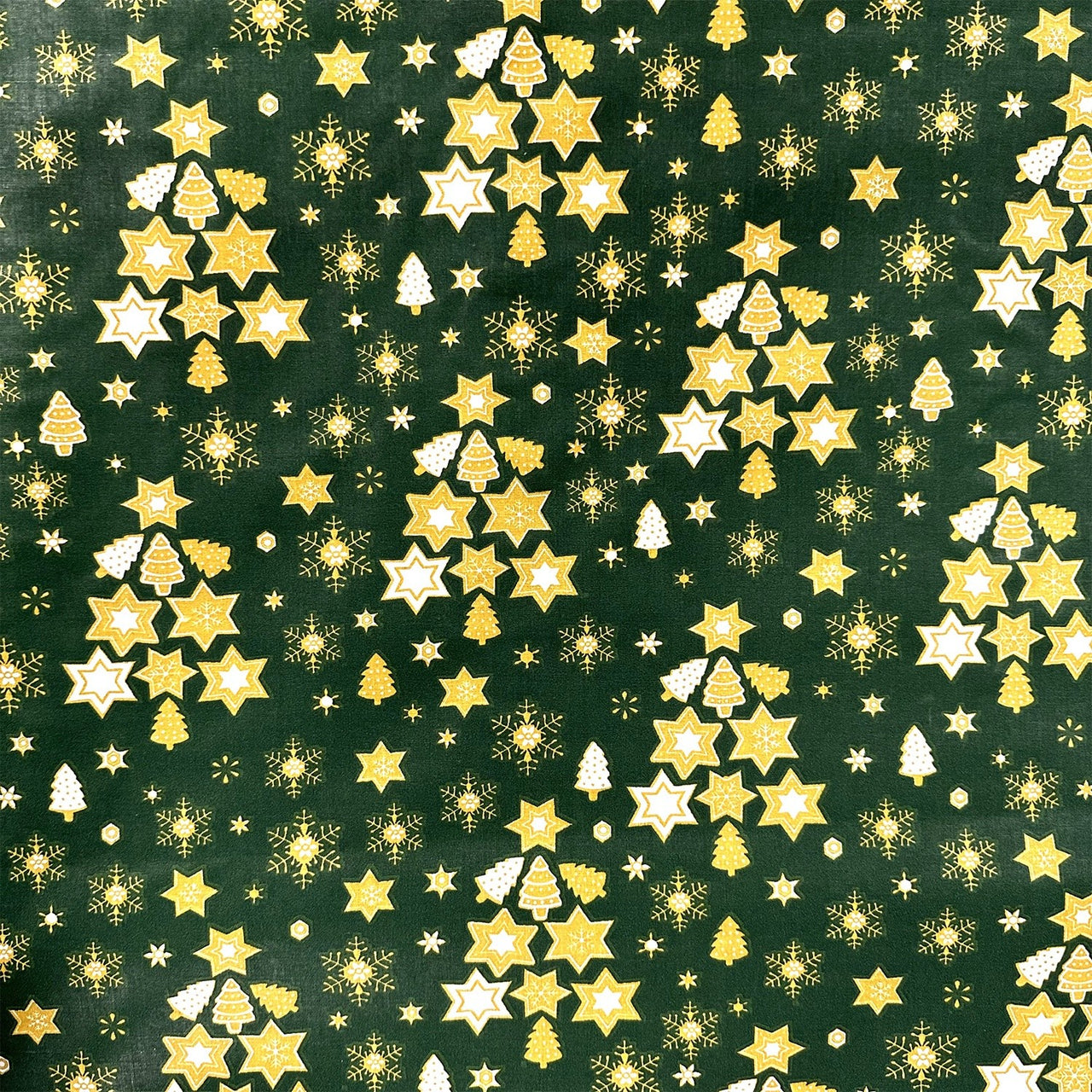 Cotton Fabric - Golden Christmas Trees Green