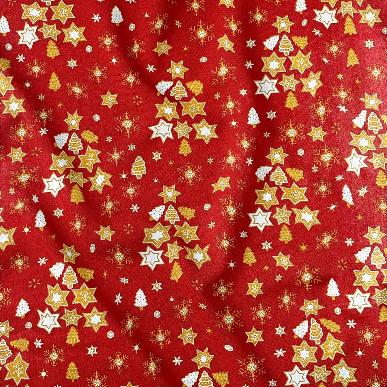 Cotton Fabric - Golden Christmas Trees Red