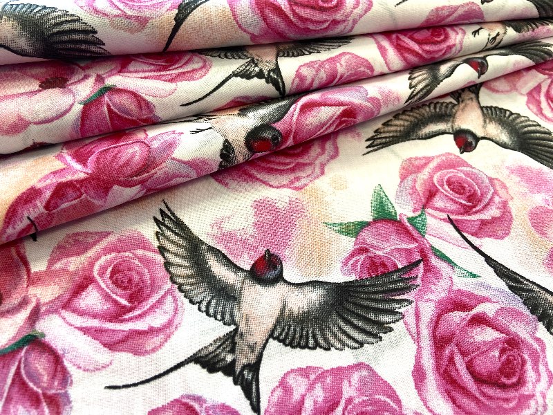 Cotton Fabric - Hummingbird with Roses