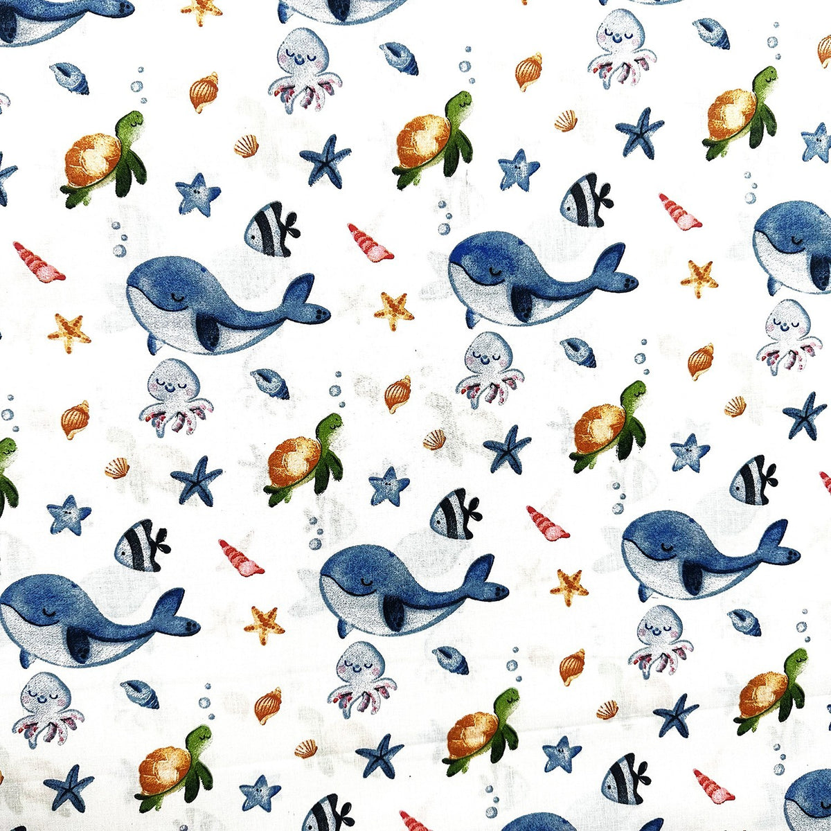 Cotton Fabric - Ocean Friends – Whale, Turtle and Jellyfish