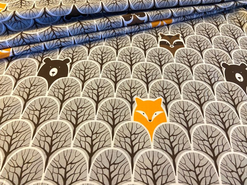 Cotton Fabric - Peek-A-Boo in the Forest Bear and Raccoon Grey