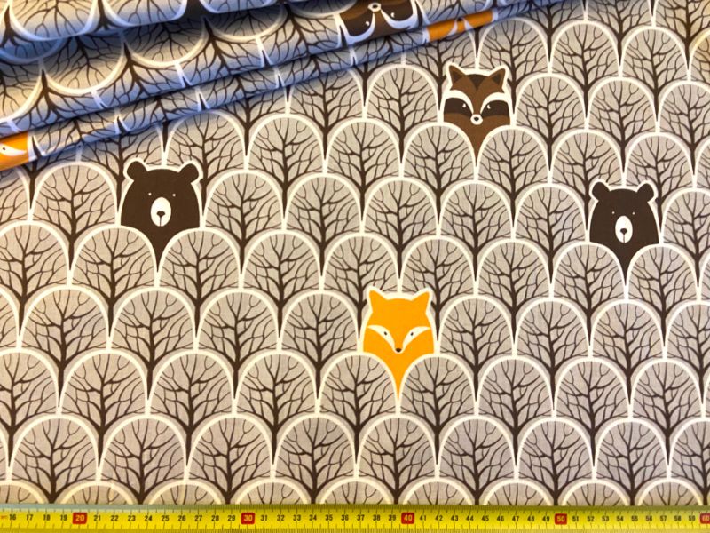 Cotton Fabric - Peek-A-Boo in the Forest Bear and Raccoon Grey