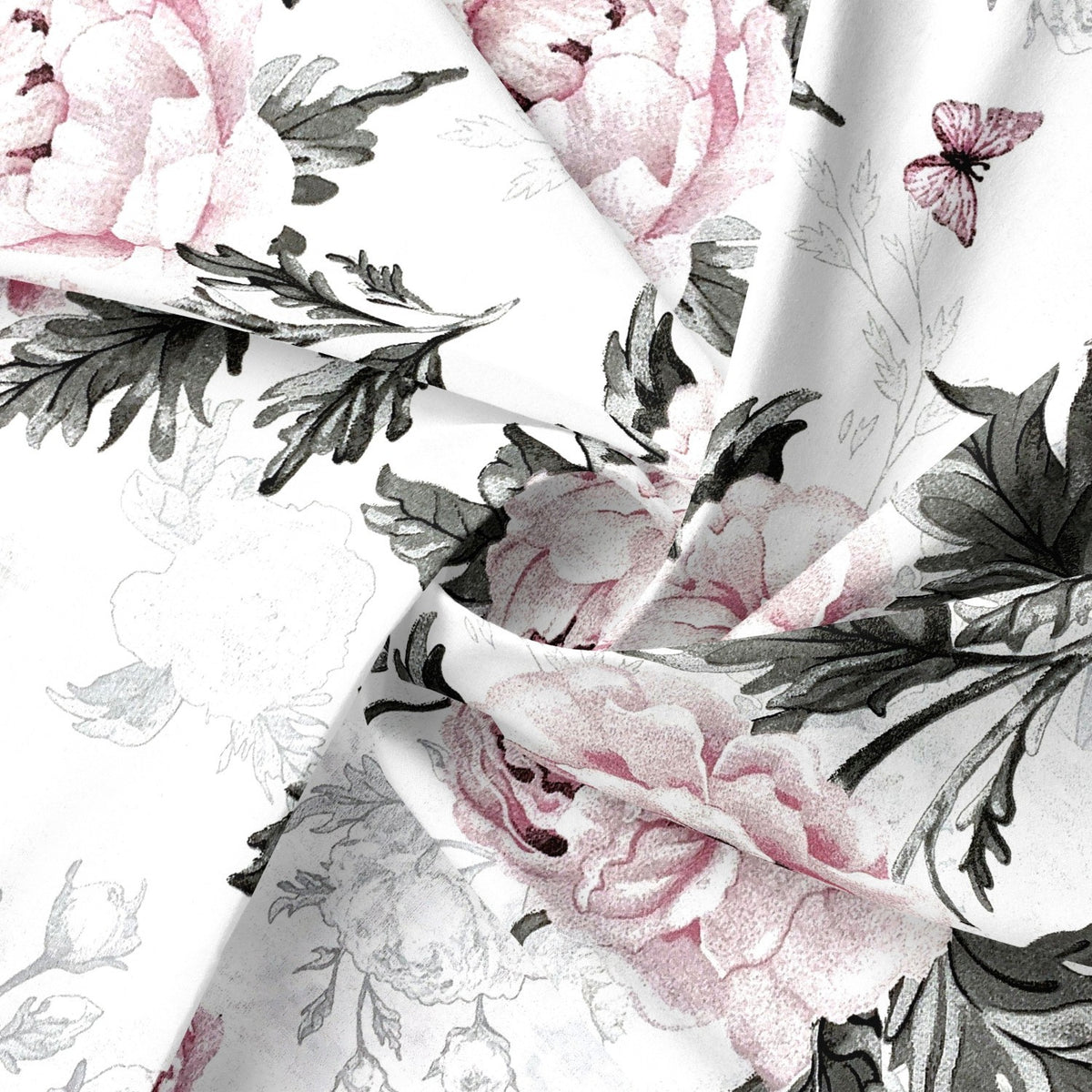 Cotton Fabric - Peony Flowers, Pink