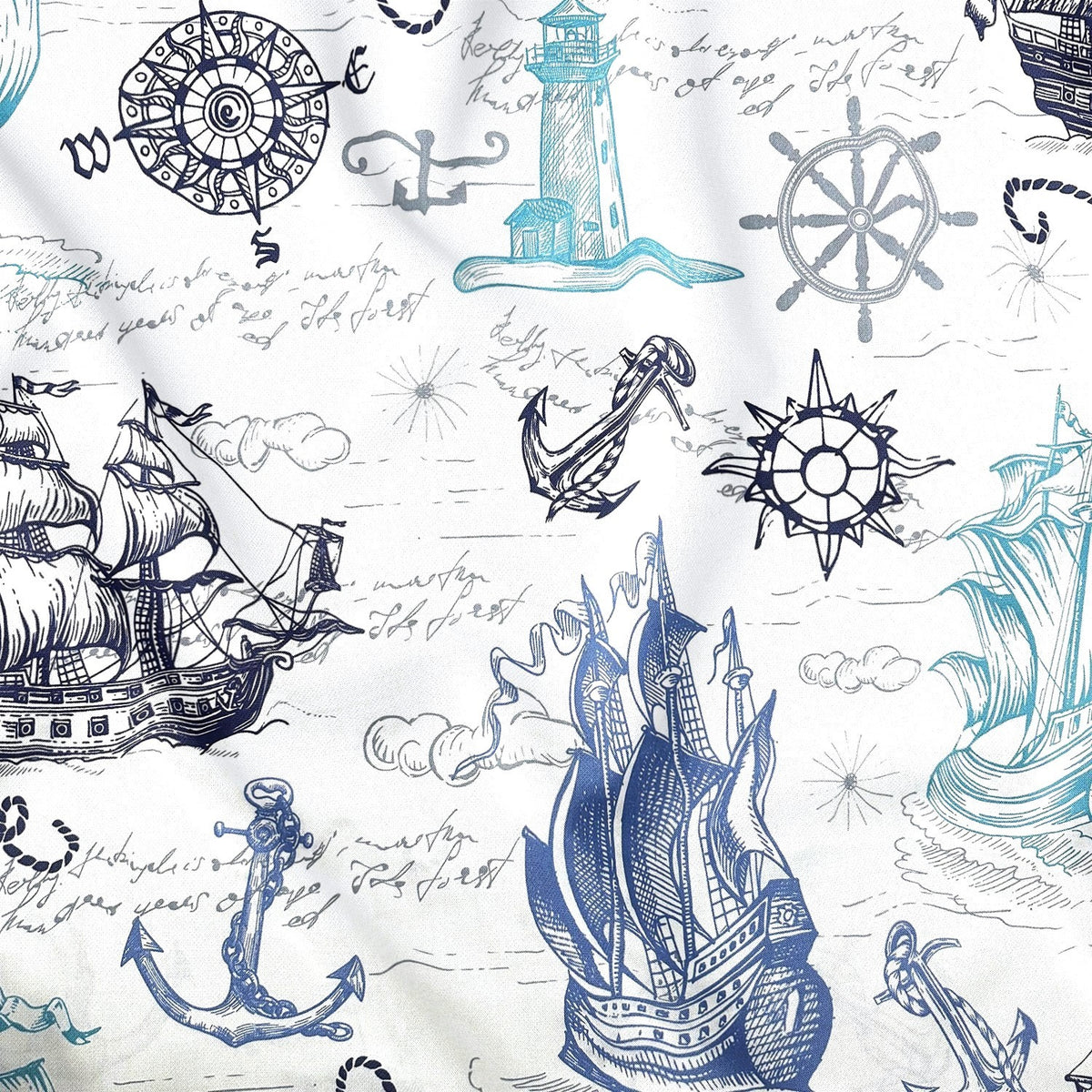 Cotton Fabric - Ships, compass, and lighthouse in turquoise and navy blue