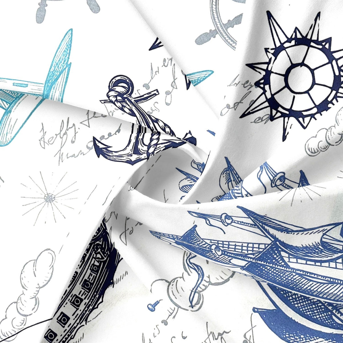 Cotton Fabric - Ships, compass, and lighthouse in turquoise and navy blue