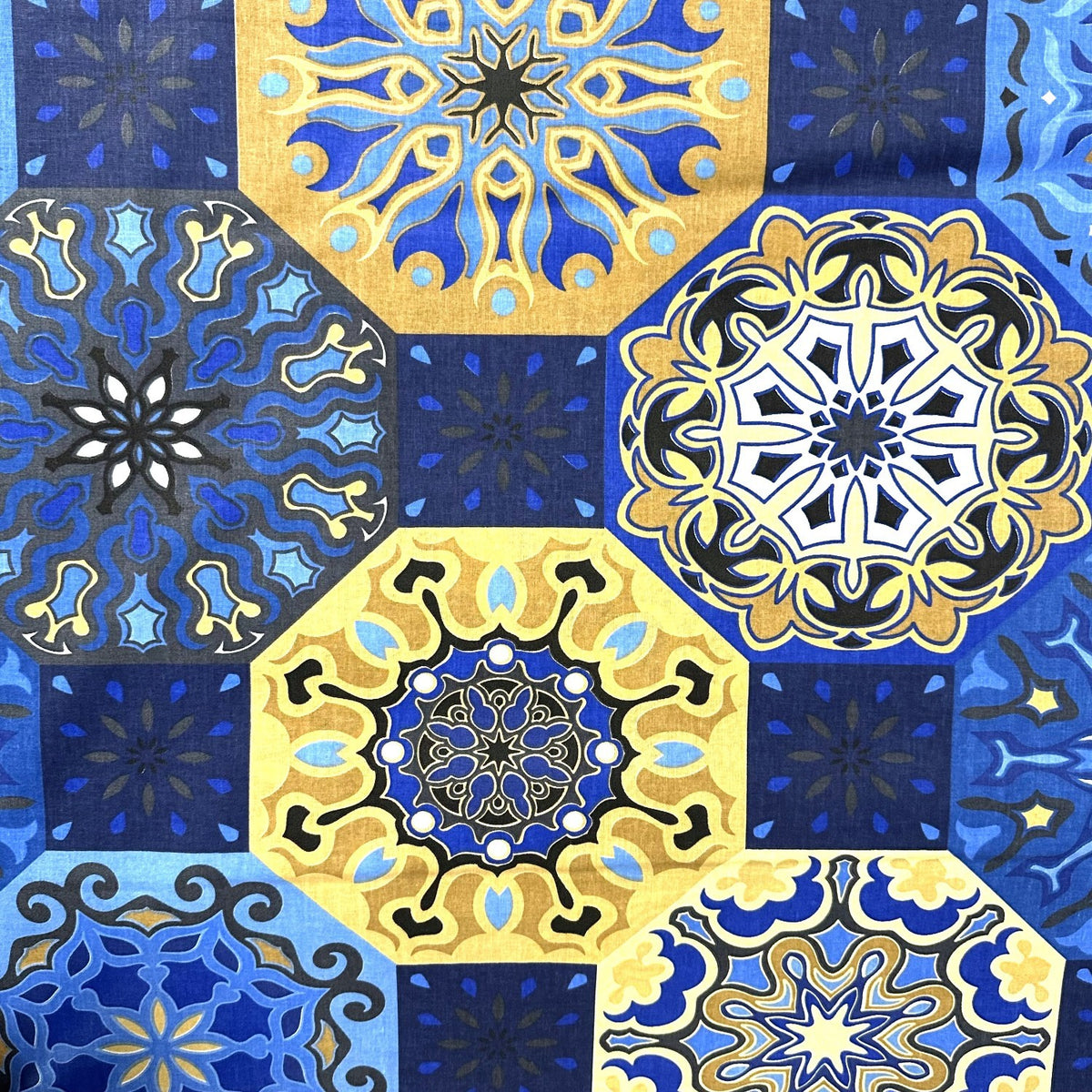Cotton Fabric - Spanish Pattern, Gold and Navy blue