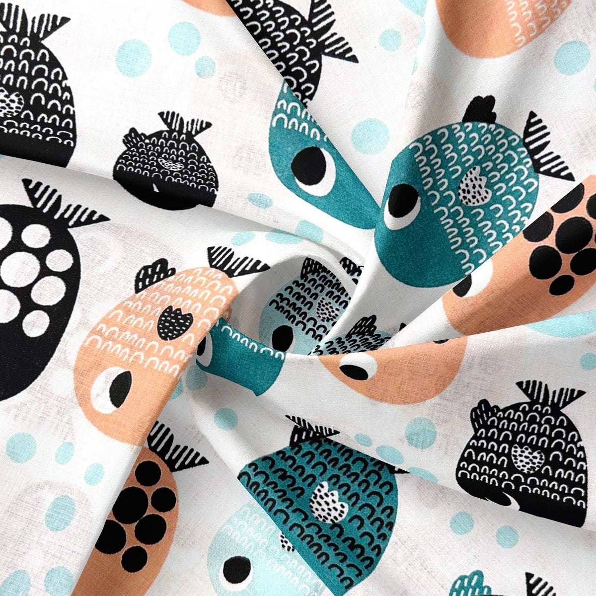 Cotton Fabric - Turquoise and orange fish