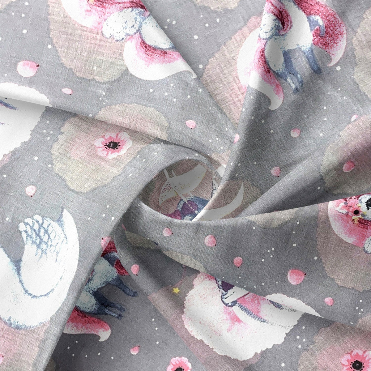 Cotton Fabric - Unicorns and Swans Grey