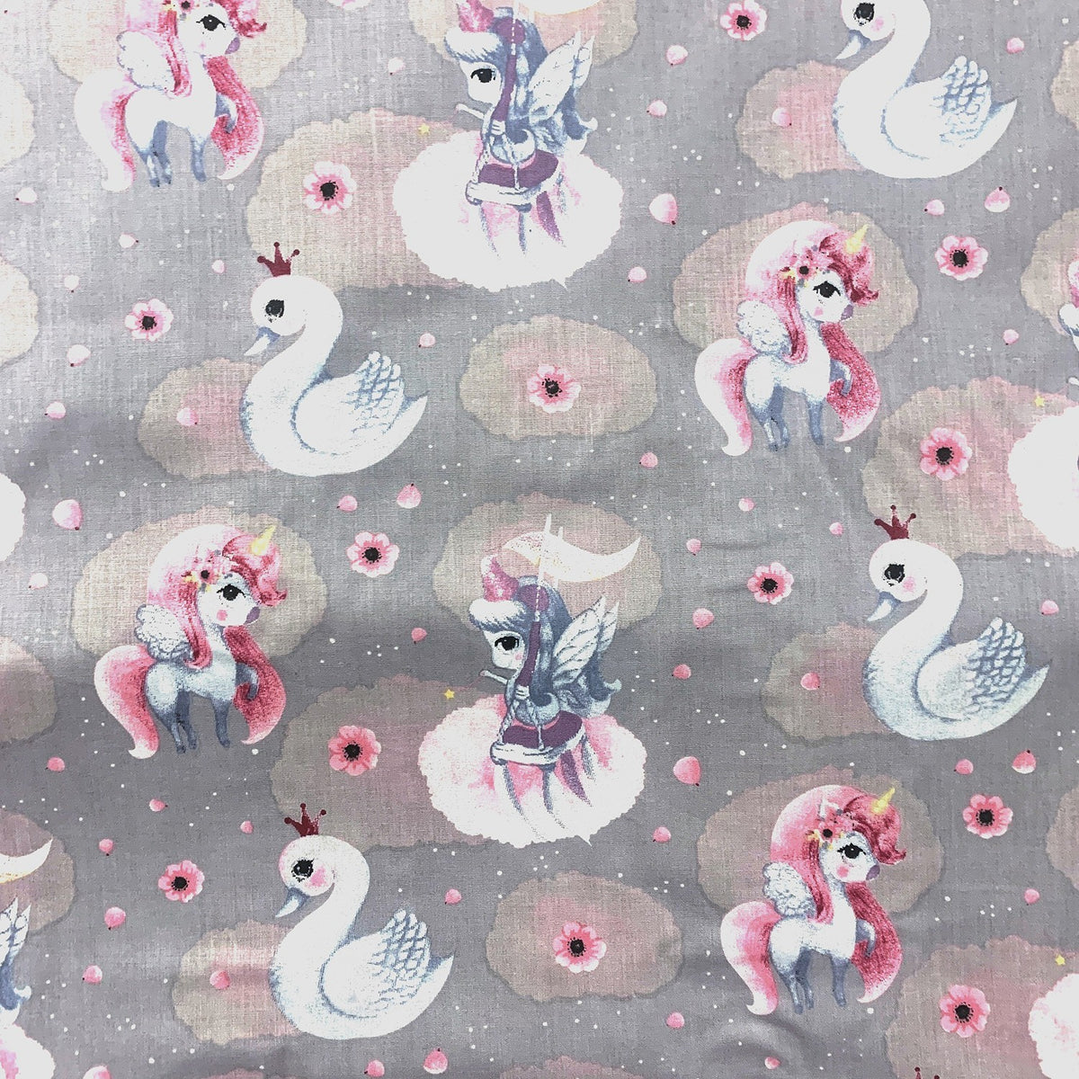 Cotton Fabric - Unicorns and Swans Grey