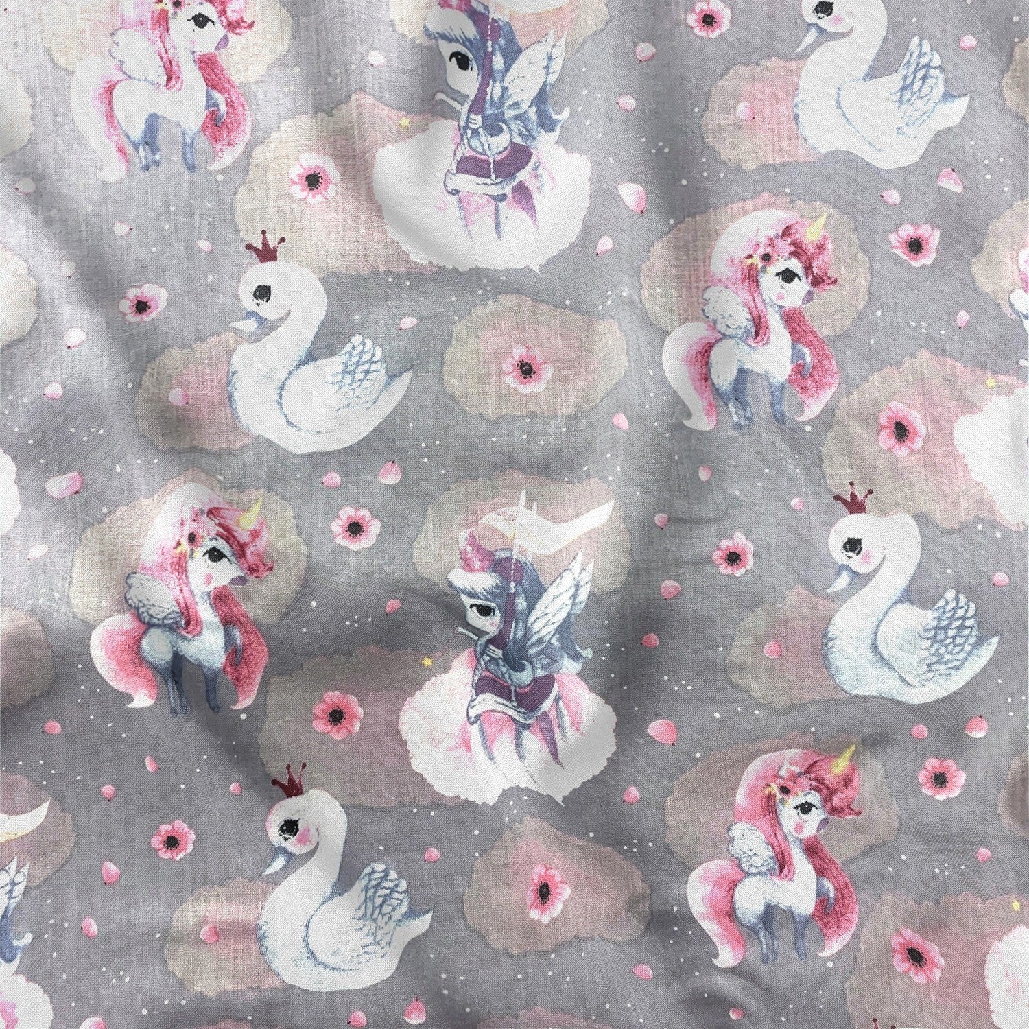 Cotton Fabric - Unicorns and Swans Grey