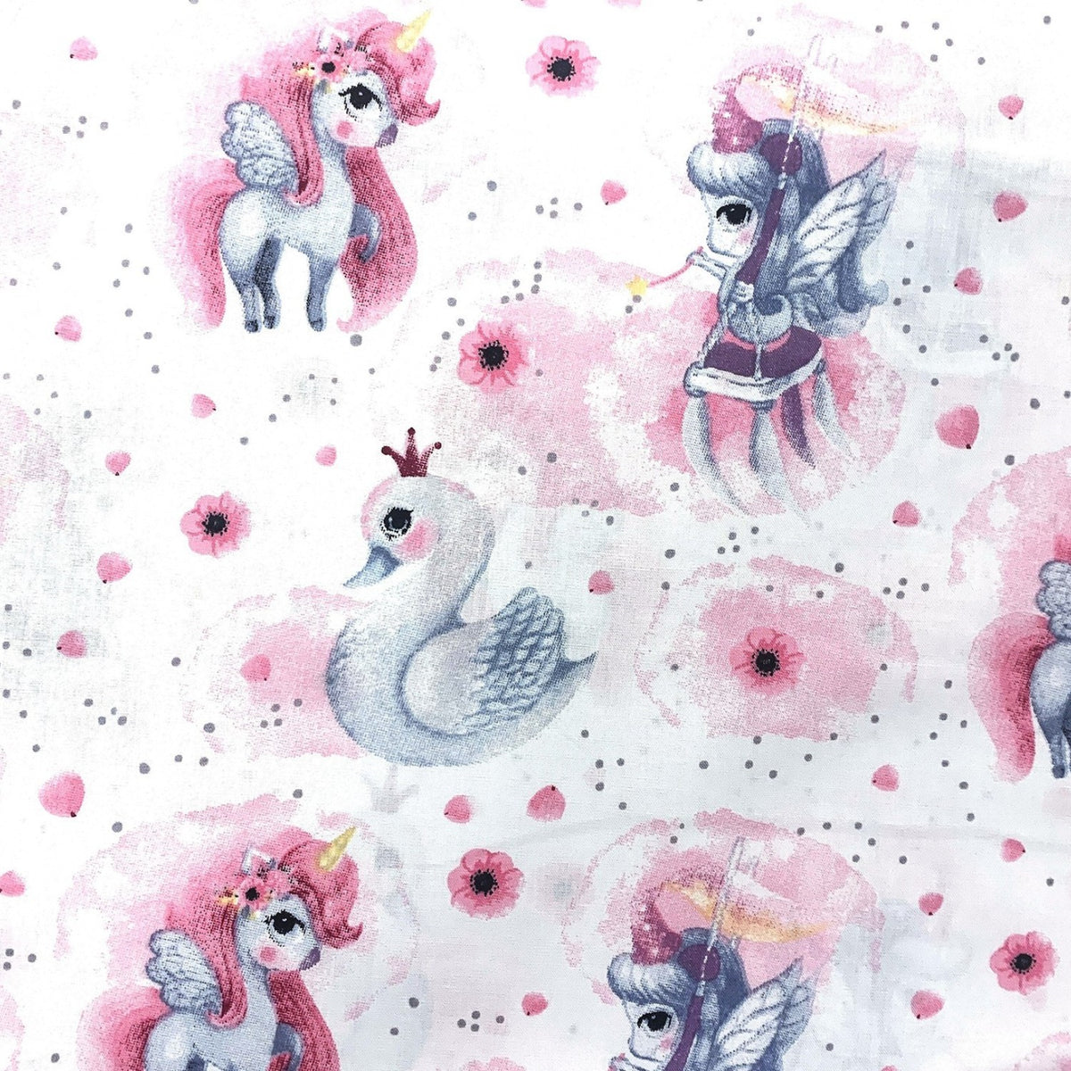 Cotton Fabric - Unicorns and Swans on White