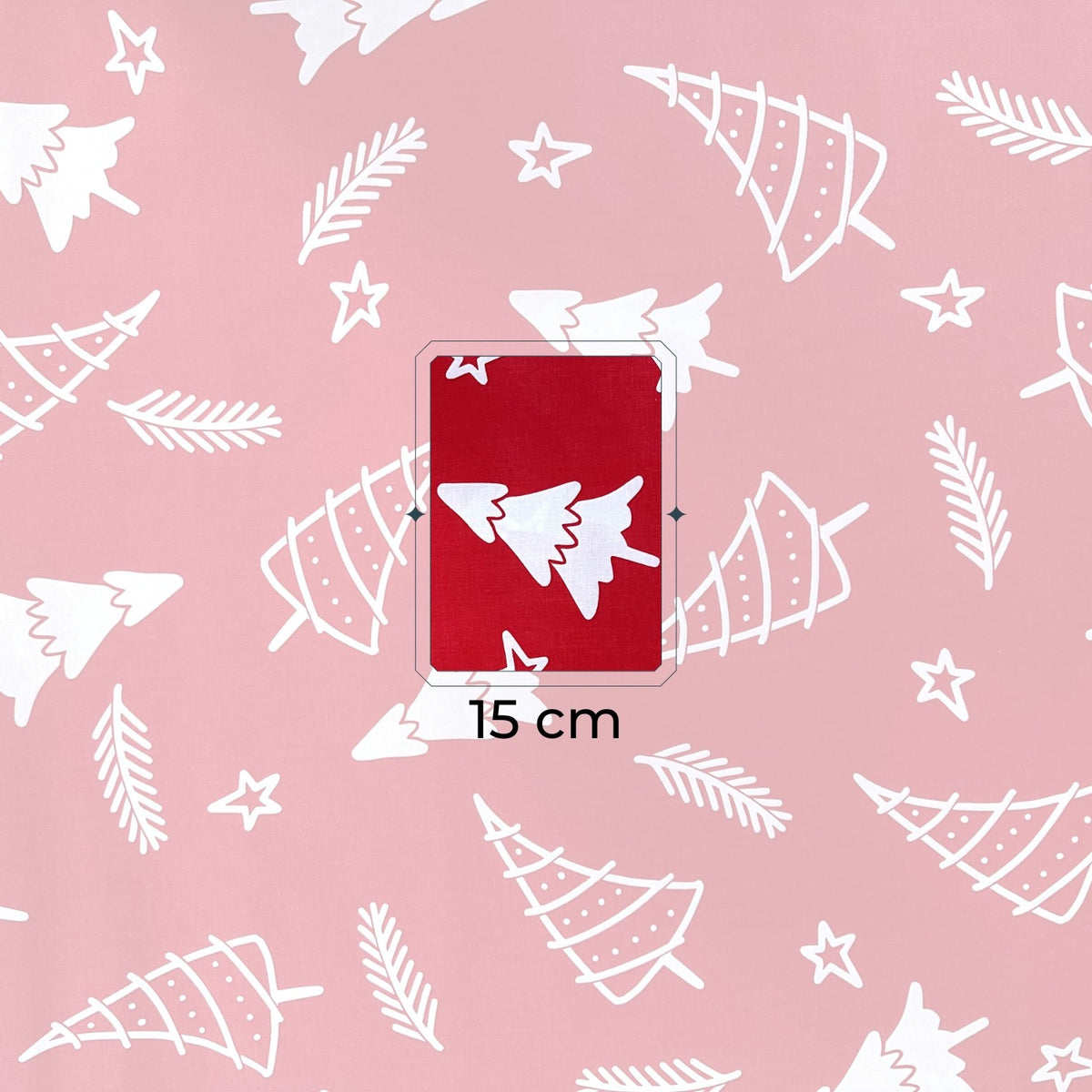 Cotton Fabric - White Christmas Trees and Twigs on Red