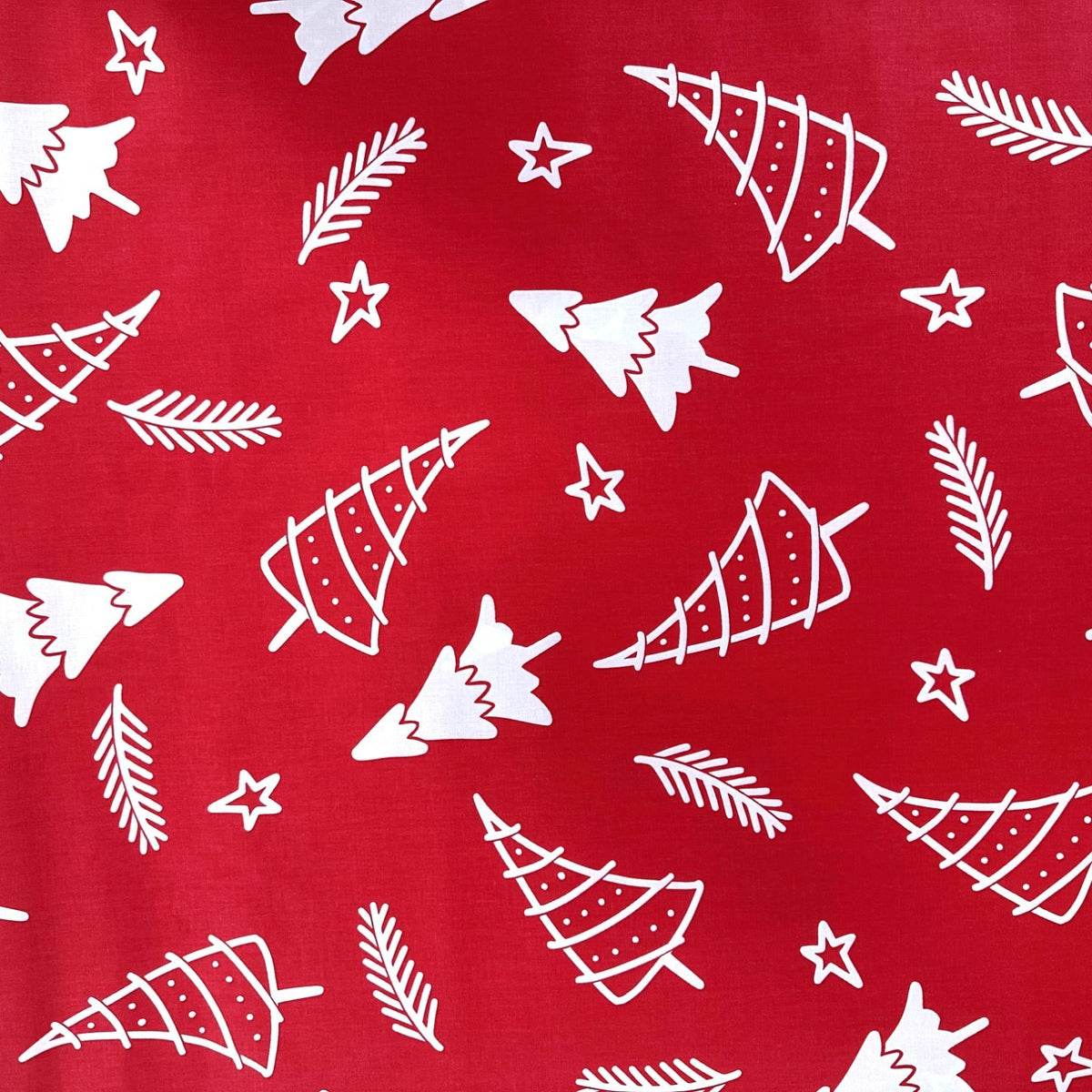 Cotton Fabric - White Christmas Trees and Twigs on Red