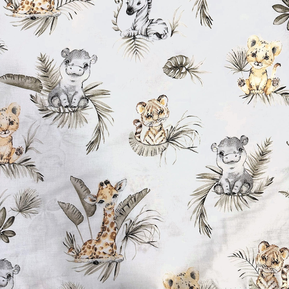 Cotton Fabric - Young safari animals and palm trees