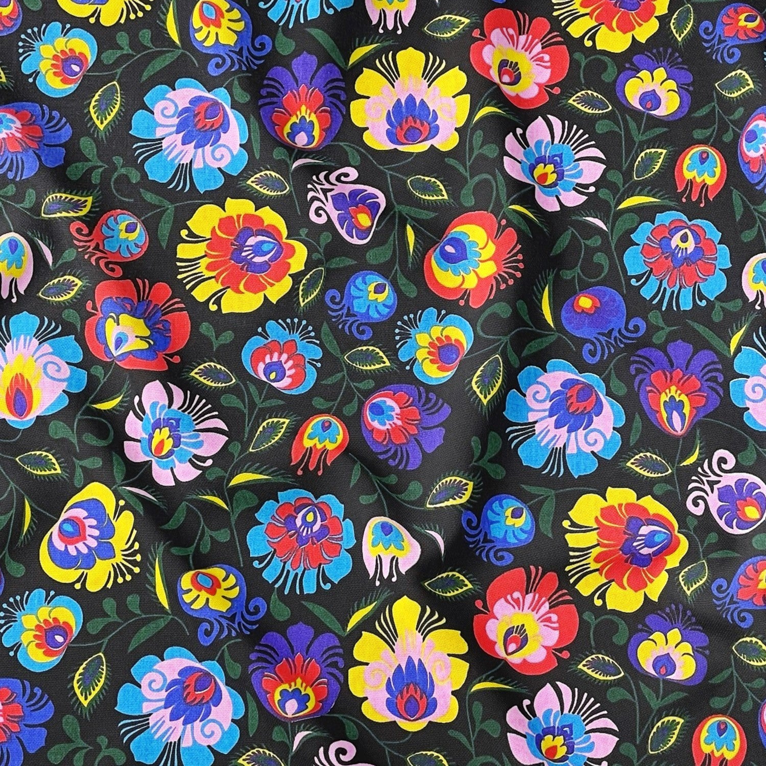 Cotton Fabric - Łowicz Folklore Pattern Black