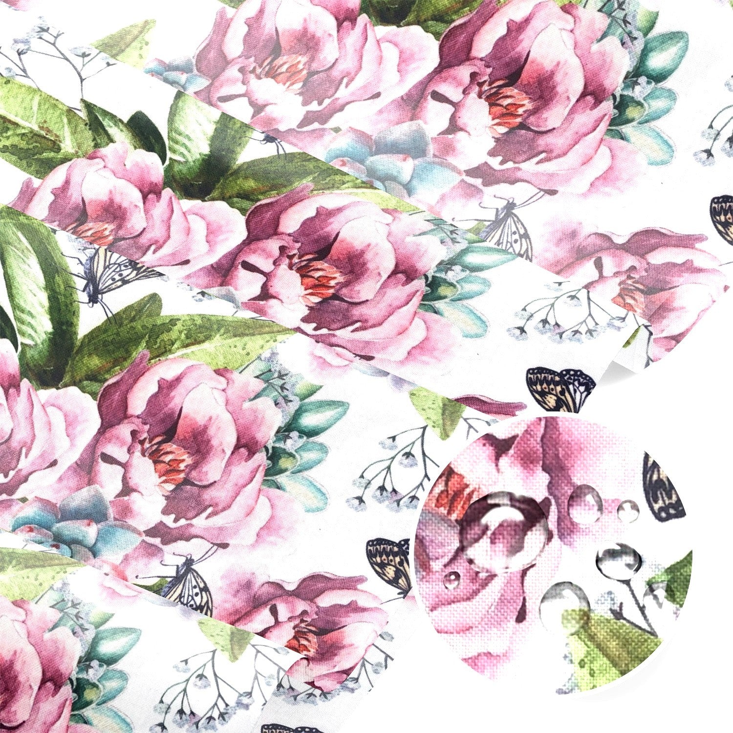 Water Resistant Fabric Oxford - Butterflies on White
